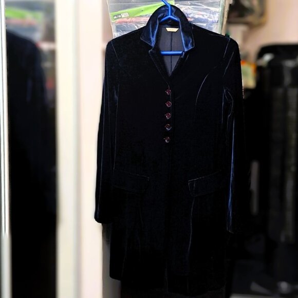 Women's Italian Made Midnight Blue Soft Premium Velvet Blazer Long Coat - Picture 2 of 5